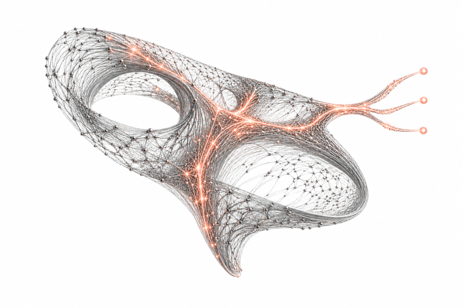 Rose-gold activation paths cross a folded silver neural mesh and branch into three coordinated outputs.