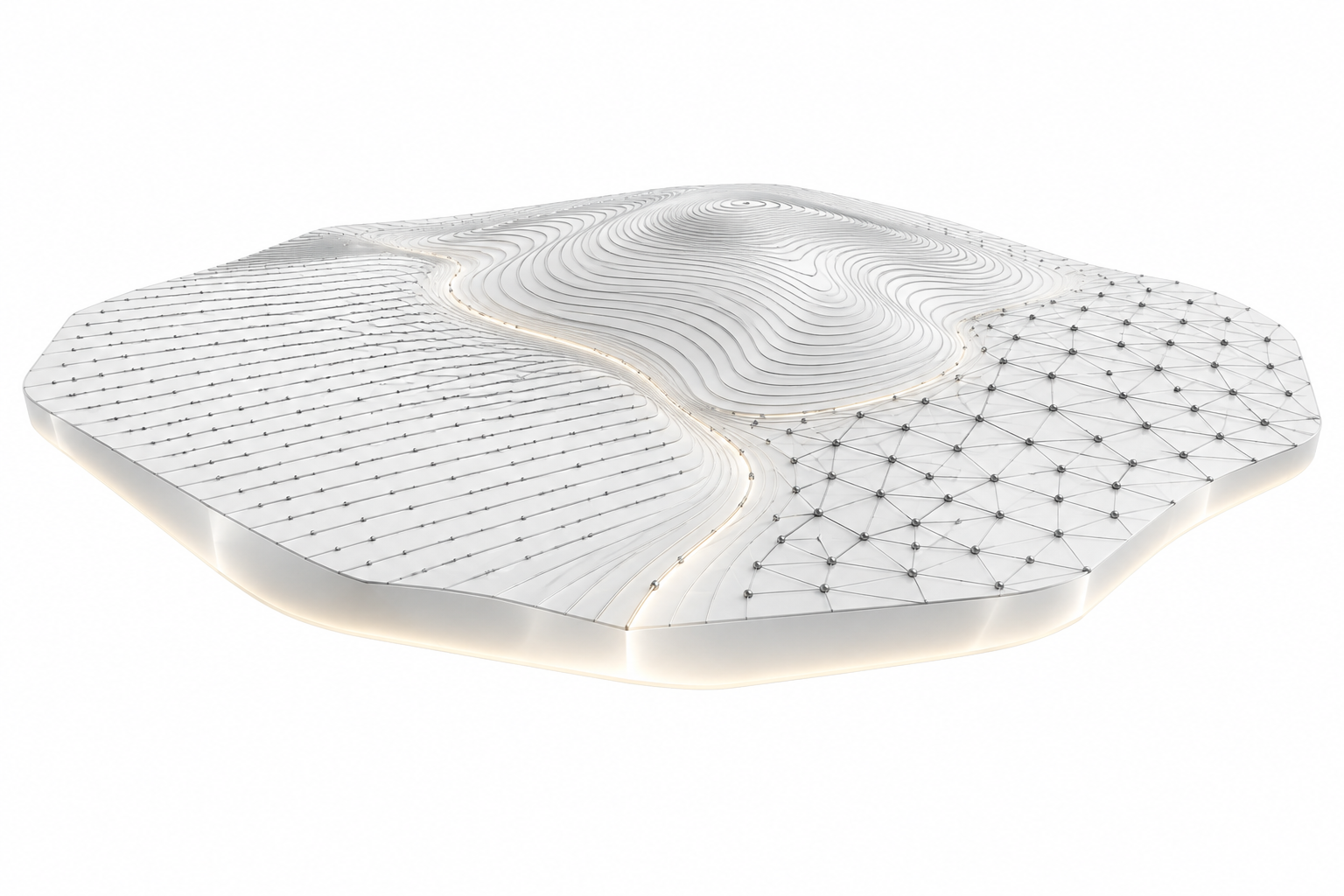 A broad unified pearl-and-graphite data surface combines ordered lines, contours and a relational lattice.