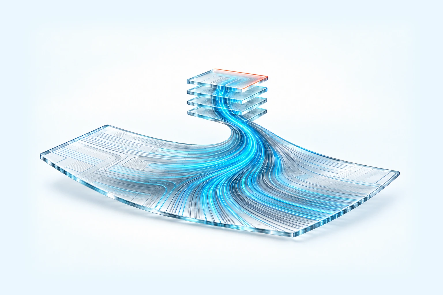 A dense bundle of luminous cyan filaments rises from a finely etched translucent data sheet into a small stack of glass record panes, the top pane edged in coral.