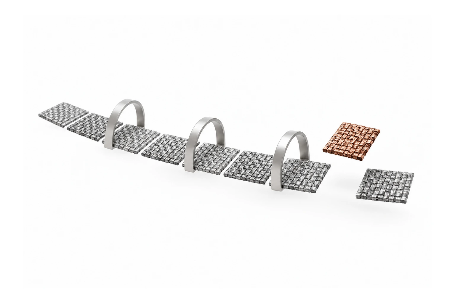 A ribbon of woven silver segments passes under three thin arches, while one segment woven in copper has been lifted out of the line and set apart.